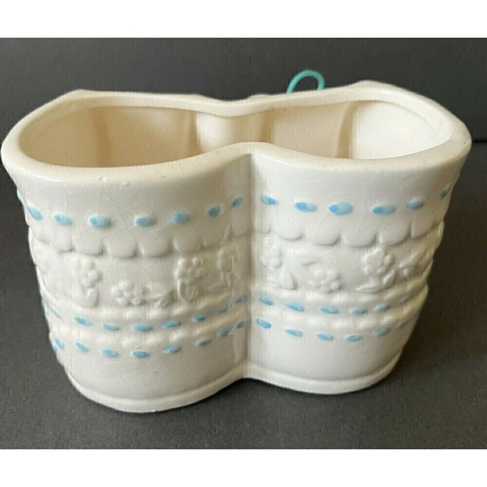Baby Boy Booties Ceramic Planter Vase Shoelaces Retro Quilted Vintage Retro